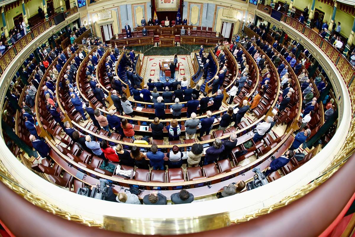 29/10/2025. Pedro Sánchez asiste a la sesión de control al Gobierno. El hemiciclo en pie guarda un minuto de silencio por los fallecidos en ...