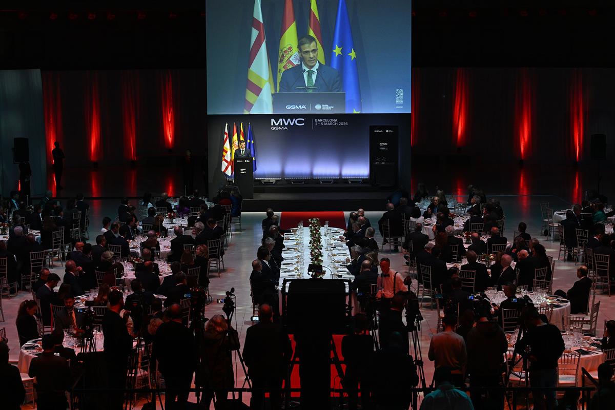 1/03/2026. Cena inaugural del Mobile World Congress 2026. Intervención del presidente del Gobierno, Pedro Sánchez, en la cena inaugural del ...