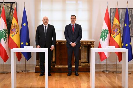 2/02/2026. Pedro Sánchez recibe al presidente de la República del Líbano. El presidente del Gobierno, Pedro Sánchez, durante el encuentro co...