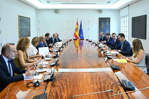 El presidente del Gobierno, Pedro Sánchez, junto a los participantes en la reunión