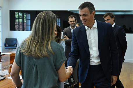 2/07/2026. Pedro Sánchez recibe a representantes de ADIGITAL y de empresas tecnológicas. El presidente del Gobierno, Pedro Sánchez, saluda a...