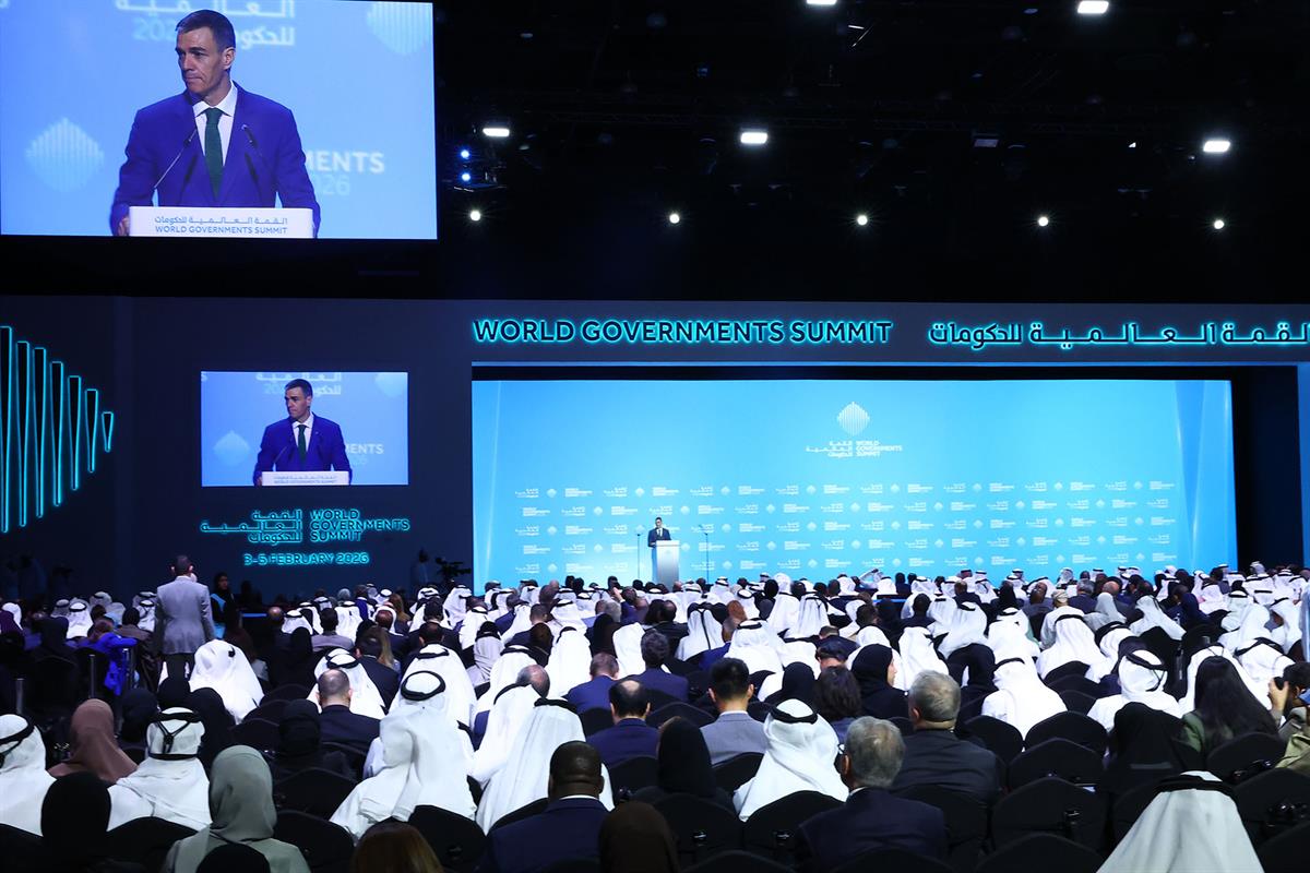 3/02/2026. Pedro Sánchez participa en la Cumbre Mundial de Gobiernos en Dubái. Intervención del presidente del Gobierno, Pedro Sánchez, en e...