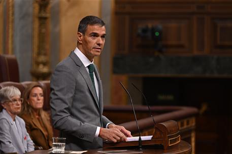 3/09/2026. Pedro Sánchez appears before the Lower House of Parliament. The President of the Government of Spain, Pedro Sánchez, during his s...