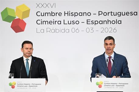 6/03/2026. XXXVI Cumbre Hispano-Portuguesa. El presidente del Gobierno, Pedro Sánchez, y el primer ministro de Portugal, Luís Montenegro, du...