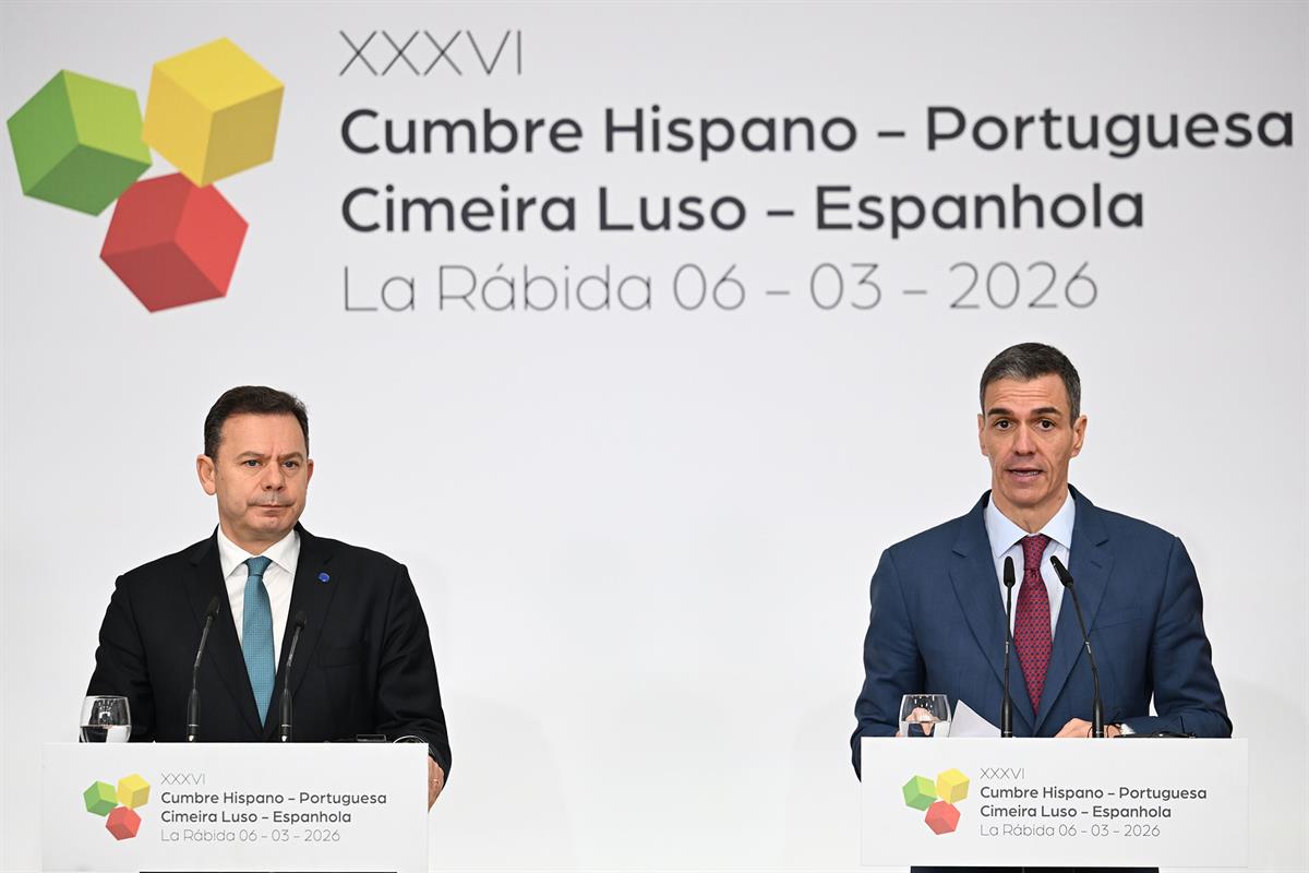 6/03/2026. XXXVI Cumbre Hispano-Portuguesa. El presidente del Gobierno, Pedro Sánchez, y el primer ministro de Portugal, Luís Montenegro, du...