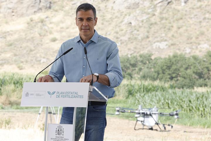 El presidente del Gobierno, Pedro Sánchez, interviene durante la presentación del Plan Estatal de Fertilizantes.