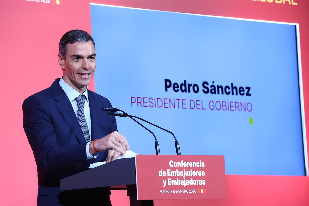 8/01/2026. Pedro Sánchez inaugurates the Conference of Ambassadors. The President of the Government of Spain, Pedro Sánchez, speaks at the o...