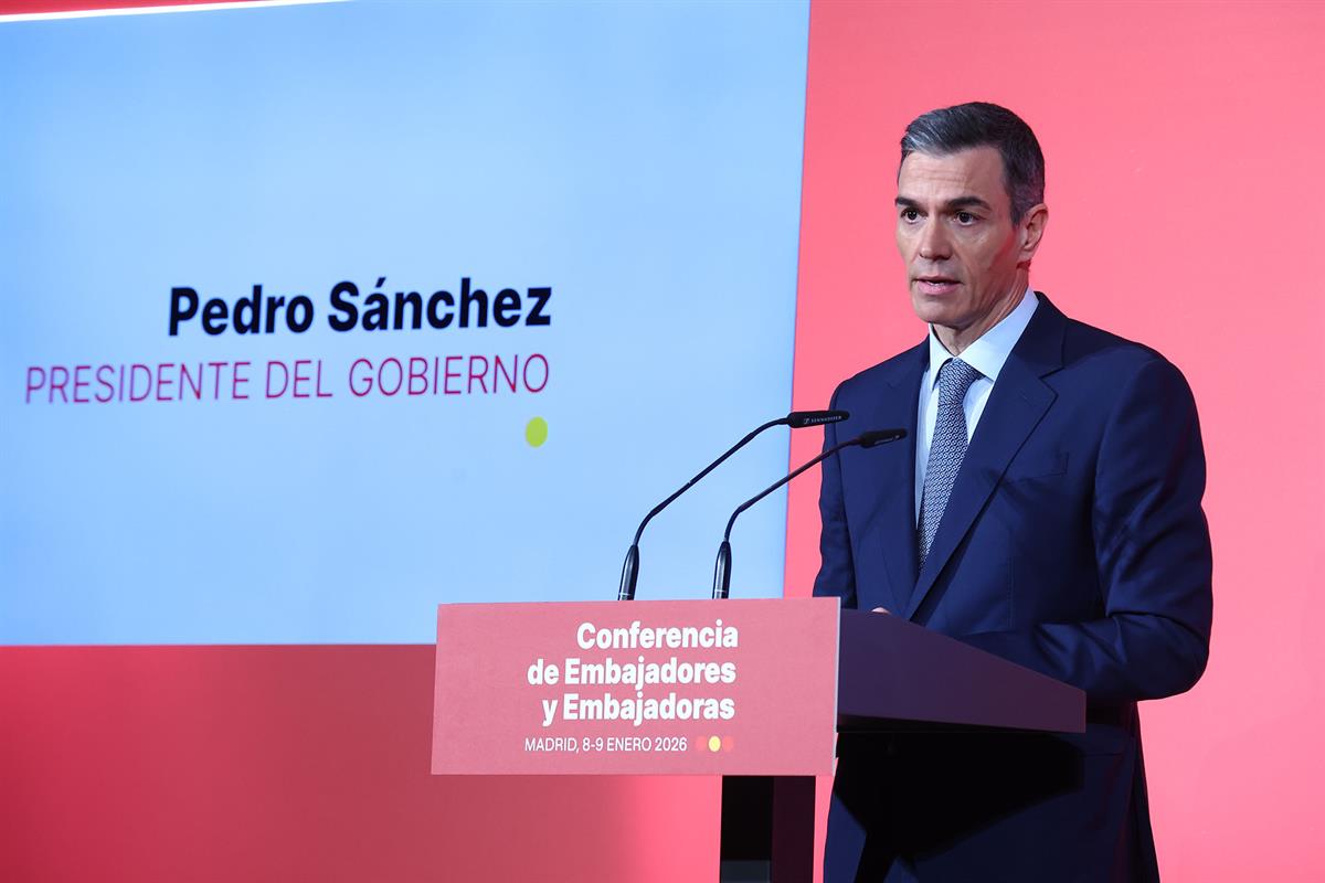 8/01/2026. Pedro Sánchez inaugurates the Conference of Ambassadors. The President of the Government of Spain, Pedro Sánchez, speaks at the o...