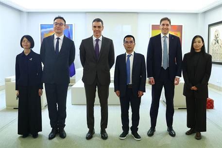 9/03/2026. Pedro Sánchez recibe al CEO de Hithium, Jeff Wu. El presidente del Gobierno, Pedro Sánchez, junto a varios asistentes a la reunión.