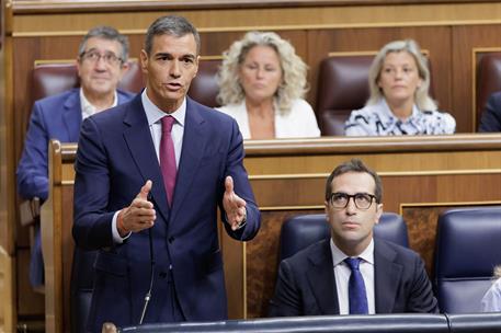 9/09/2026. Pedro Sánchez attends the Government control session. The President of the Government of Spain during one of his speeches, alongs...