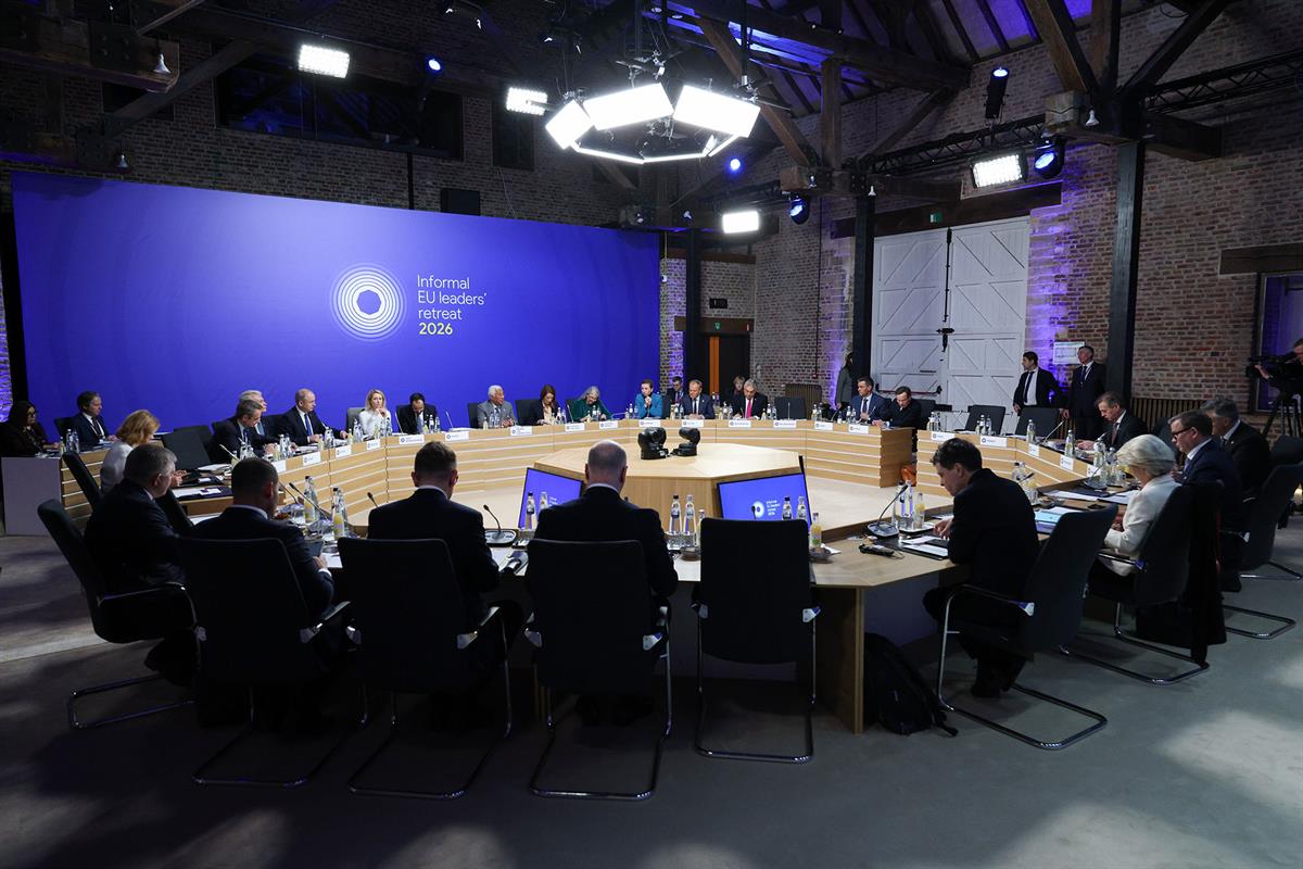 12/02/2026. Pedro Sánchez retiro líderes UE. Reunión de los líderes de la Unión Europea con la presidenta del Parlamento Europeo, Roberta Metsola.