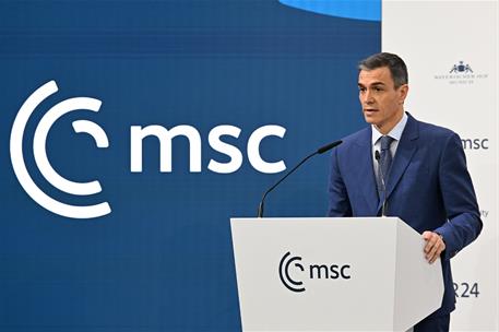 14/02/2026. Pedro Sánchez attends the Munich Security Conference. The President of the Government of Spain, Pedro Sánchez, speaks at the Mun...