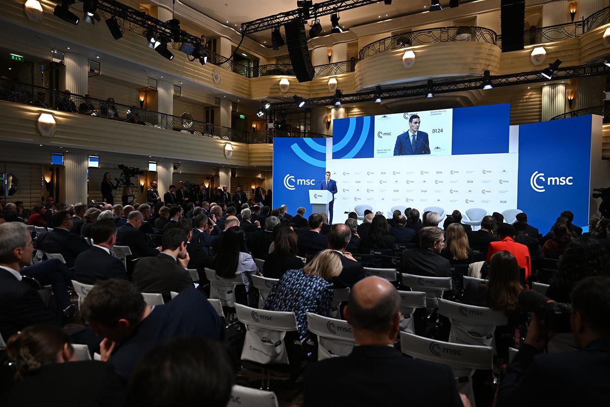 14/02/2026. Pedro Sánchez participa en la Conferencia de Seguridad de Múnich. El presidente del Gobierno, Pedro Sánchez, durante su interven...