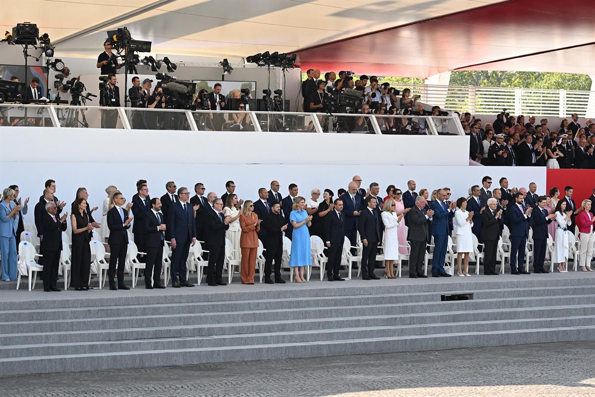 14/07/2026. Pedro Sánchez attends the military parade in Paris to mark France's National Day. Presidential grandstand at the military parade...