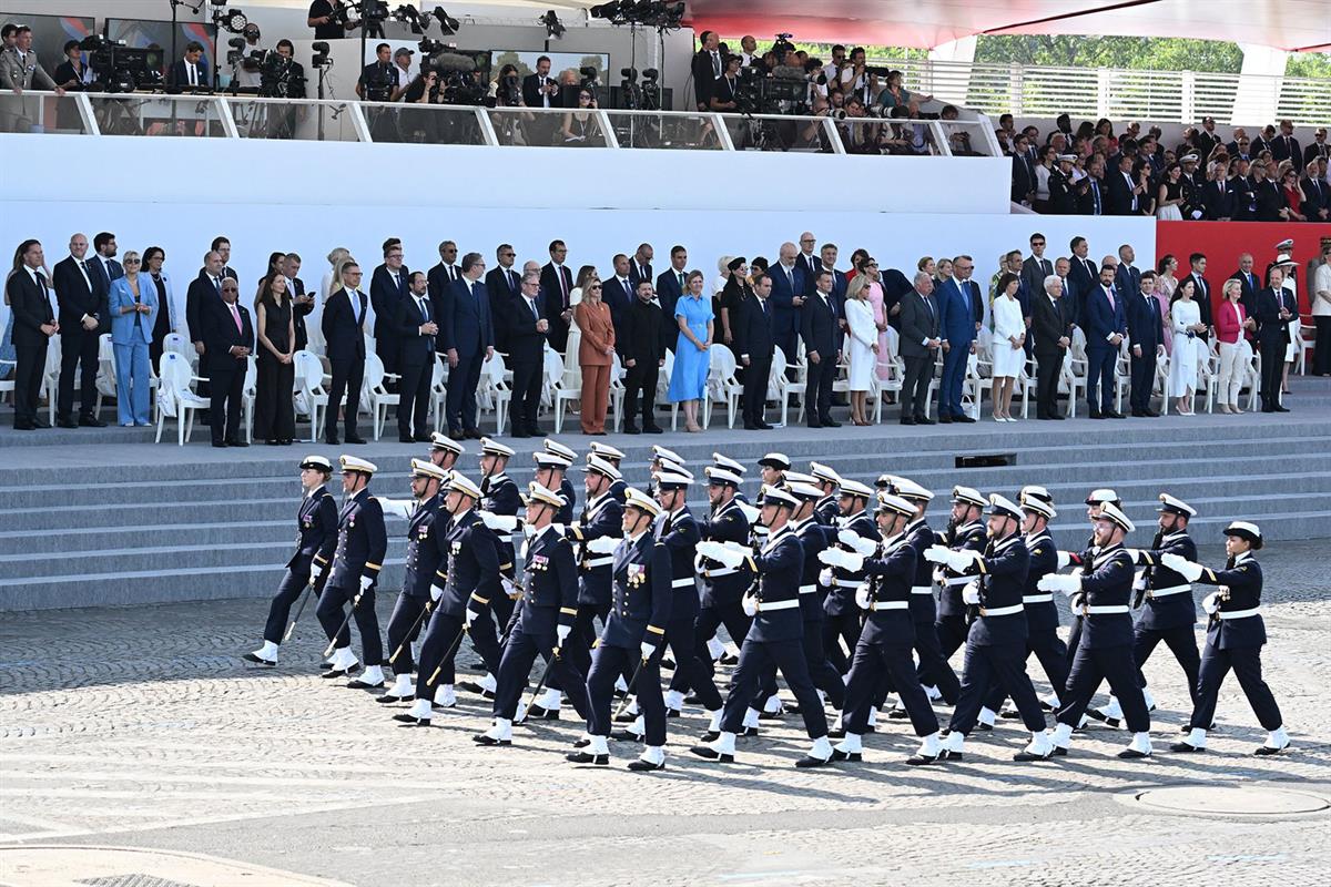 14/07/2026. Pedro Sánchez attends the military parade in Paris to mark France's National Day. The President of the Government of Spain, Pedr...