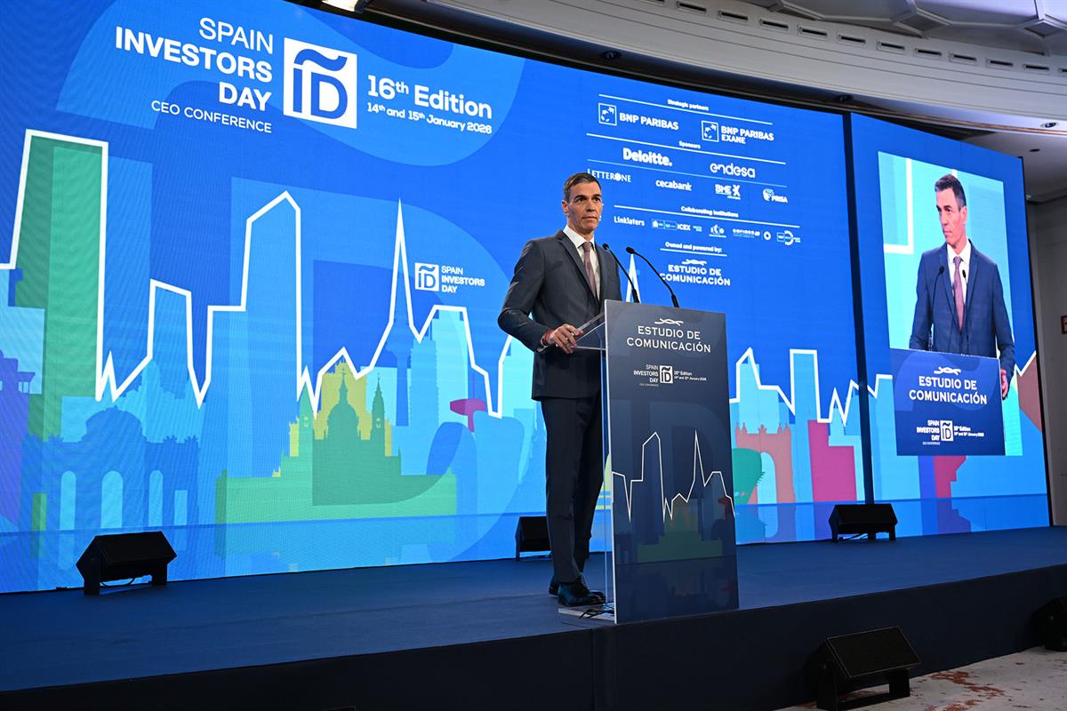 15/01/2026. Pedro Sánchez clausura el foro 'Spain Investors Day'. El presidente del Gobierno, Pedro Sánchez, durante su intervención en el f...