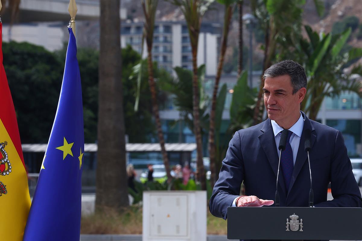 15/07/2026. Demolición de la Verja de la Línea de la Concepción. El presidente del Gobierno, Pedro Sánchez, durante la declaración instituci...