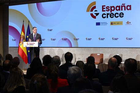 16/02/2026. Sánchez clausura la presentación del fondo 'España Crece'. El presidente del Gobierno, Pedro Sánchez, durante su intervención en el acto.