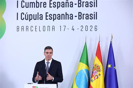 17/04/2026. I Cumbre España-Brasil. El presidente del Gobierno, Pedro Sánchez, durante la rueda de prensa al término de la cumbre.