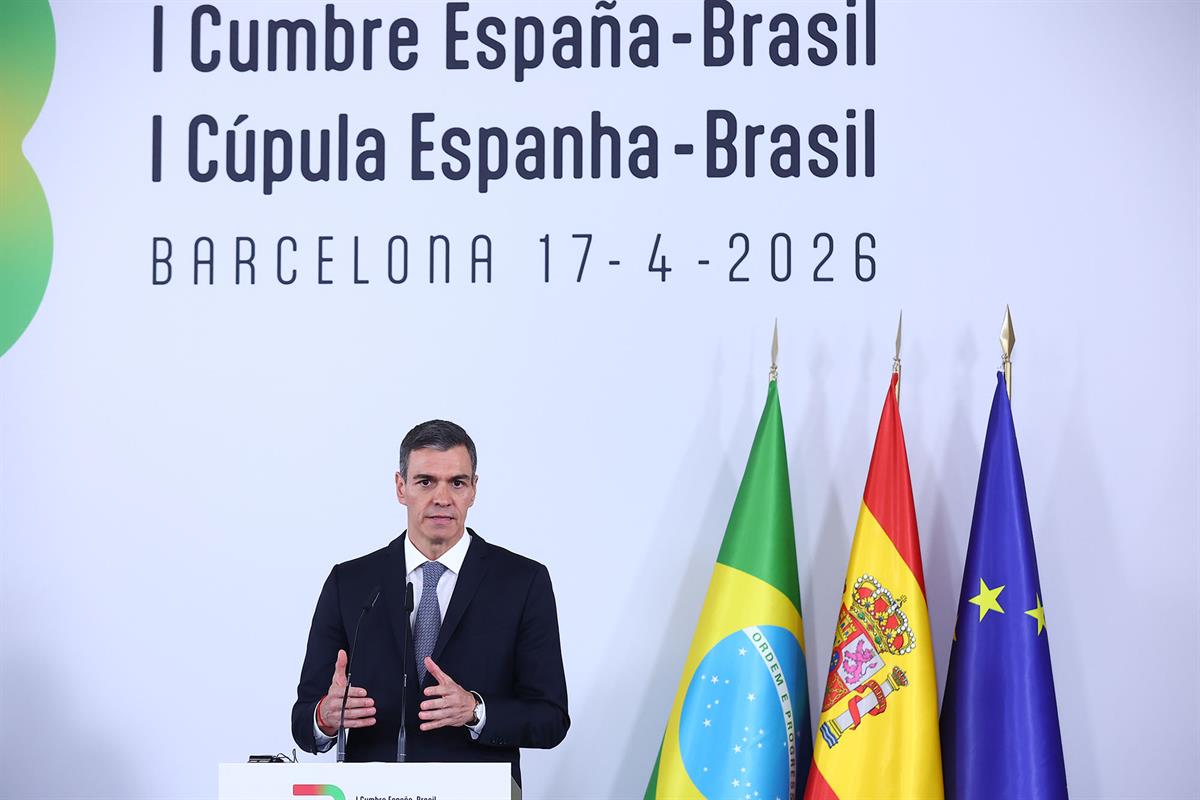 17/04/2026. I Cumbre España-Brasil. El presidente del Gobierno, Pedro Sánchez, durante la rueda de prensa al término de la cumbre.