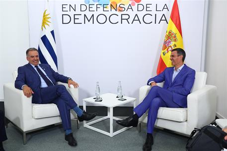 18/04/2026. Pedro Sánchez participa en la IV Reunión 'En Defensa de la Democracia'. El presidente del Gobierno, Pedro Sánchez, con el presid...