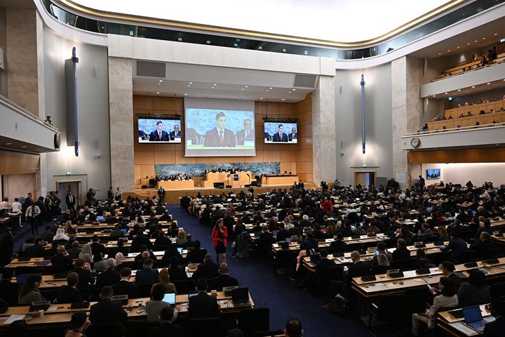 18/05/2026. Pedro Sánchez interviene en la 79 Asamblea Mundial de la Salud. El presidente del Gobierno, Pedro Sánchez, durante su intervenci...