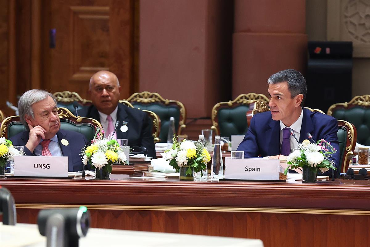 19/02/2026. Pedro Sánchez travels to India - Second day. The President of the Government of Spain, Pedro Sánchez, during his speech at the G...