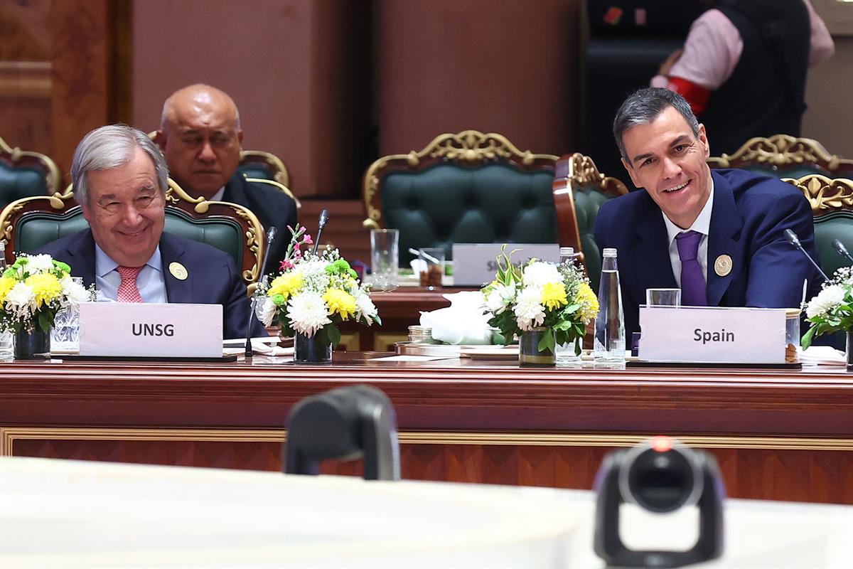19/02/2026. Pedro Sánchez Global AI India. El presidente del Gobierno, Pedro Sánchez, en la sesión plenaria de la Cumbre Global sobre el Imp...
