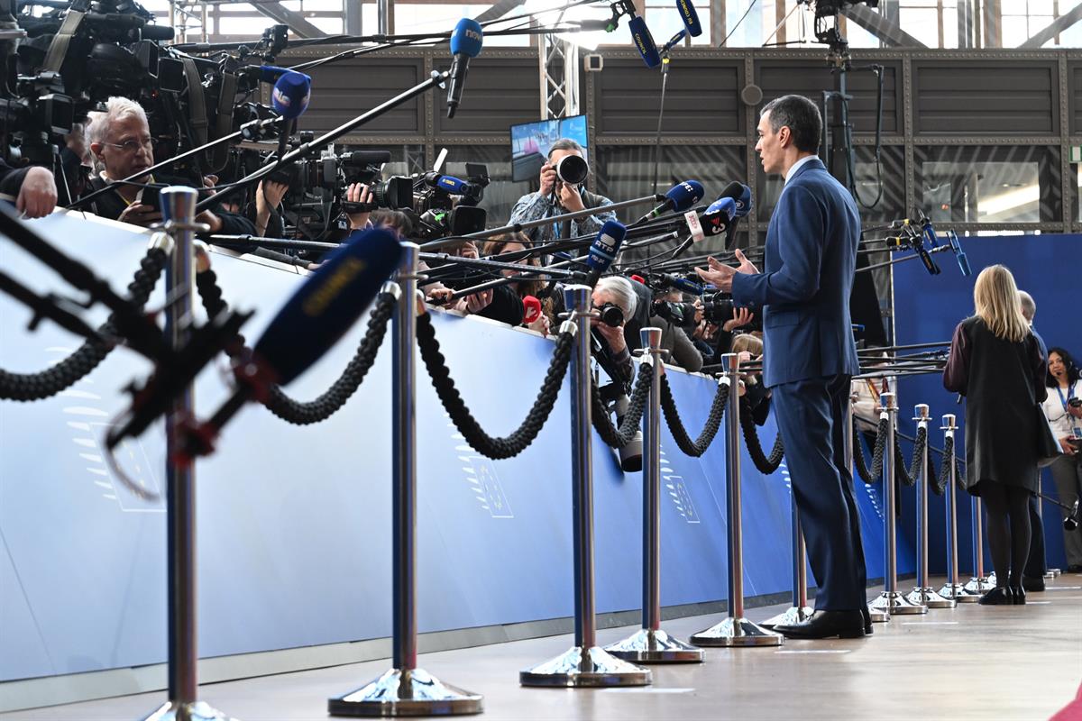 19/03/2026. The President of the Government of Spain, Pedro Sánchez, answers questions from the media before the European Council meeting