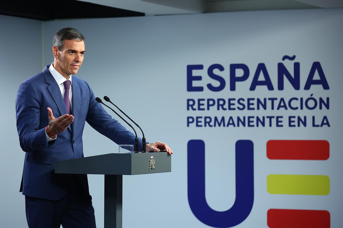 19/06/2026. El presidente del Gobierno participa en el Consejo Europeo. El presidente del Gobierno, Pedro Sánchez, durante su comparecencia ...
