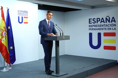 19/06/2026. El presidente del Gobierno participa en el Consejo Europeo. El presidente del Gobierno, Pedro Sánchez, durante su comparecencia ...