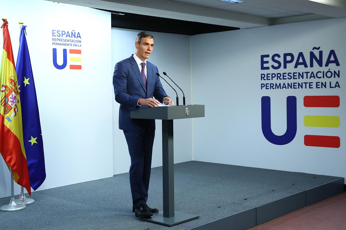 19/06/2026. El presidente del Gobierno participa en el Consejo Europeo. El presidente del Gobierno, Pedro Sánchez, durante su comparecencia ...