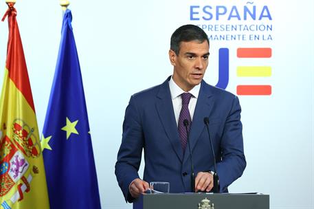 19/06/2026. El presidente del Gobierno participa en el Consejo Europeo. El presidente del Gobierno, Pedro Sánchez, durante su comparecencia ...