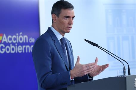 20/03/2026. Pedro Sánchez comparece tras el Consejo de Ministros extraordinario. El presidente del Gobierno, Pedro Sánchez, comparece ante l...