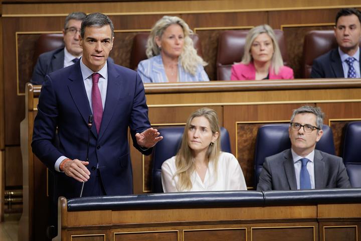 El presidente del Gobierno, Pedro Sánchez, durante su intervención en el Congreso.
