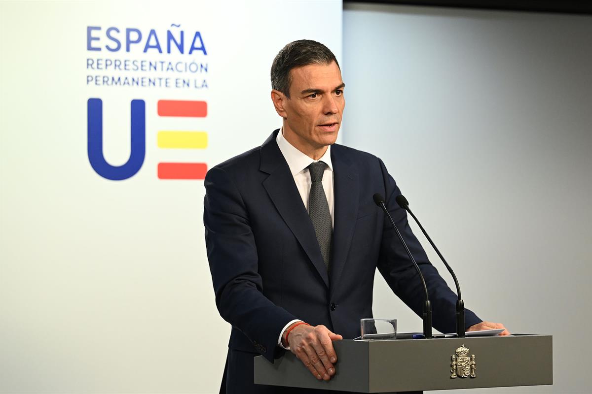 23/01/2026. Pedro Sánchez asiste al Consejo Europeo extraordinario. El presidente del Gobierno, Pedro Sánchez, durante la rueda de prensa po...