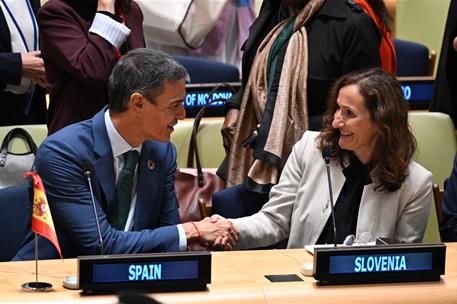 22/09/2026. Pedro Sánchez asiste al evento Partners for Multilateralism (P4M). El presidente del Gobierno, Pedro Sánchez, saluda a la vicepr...
