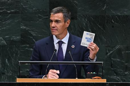 24/09/2026. Pedro Sánchez speaks at the United Nations General Assembly. The President of the Government of Spain, Pedro Sánchez, displays t...