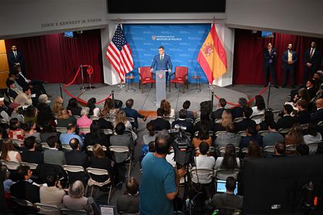 24/09/2026. Pedro Sánchez speaks at the John F. Kennedy Jr. Forum. The President of the Government of Spain, Pedro Sánchez, during his parti...