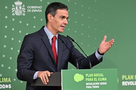 25/05/2026. Presentación de la propuesta del Plan Social para el Clima. El presidente del Gobierno, Pedro Sánchez, clausura el acto de prese...