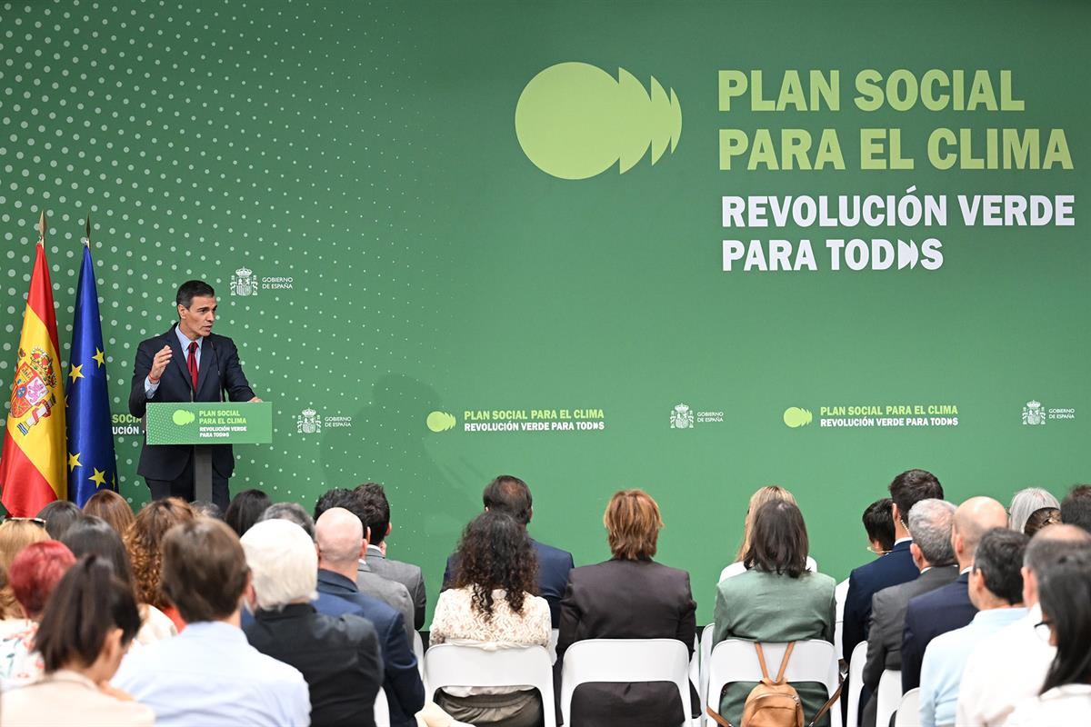 Pedro S&aacute;nchez interviene en el acto de presentaci&oacute;n de la propuesta del Plan Social para el Clima