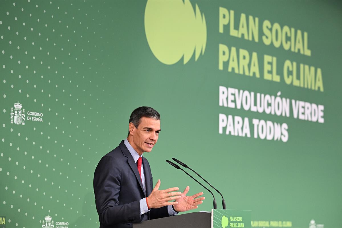 Pedro S&aacute;nchez interviene en el acto de presentaci&oacute;n de la propuesta del Plan Social para el Clima
