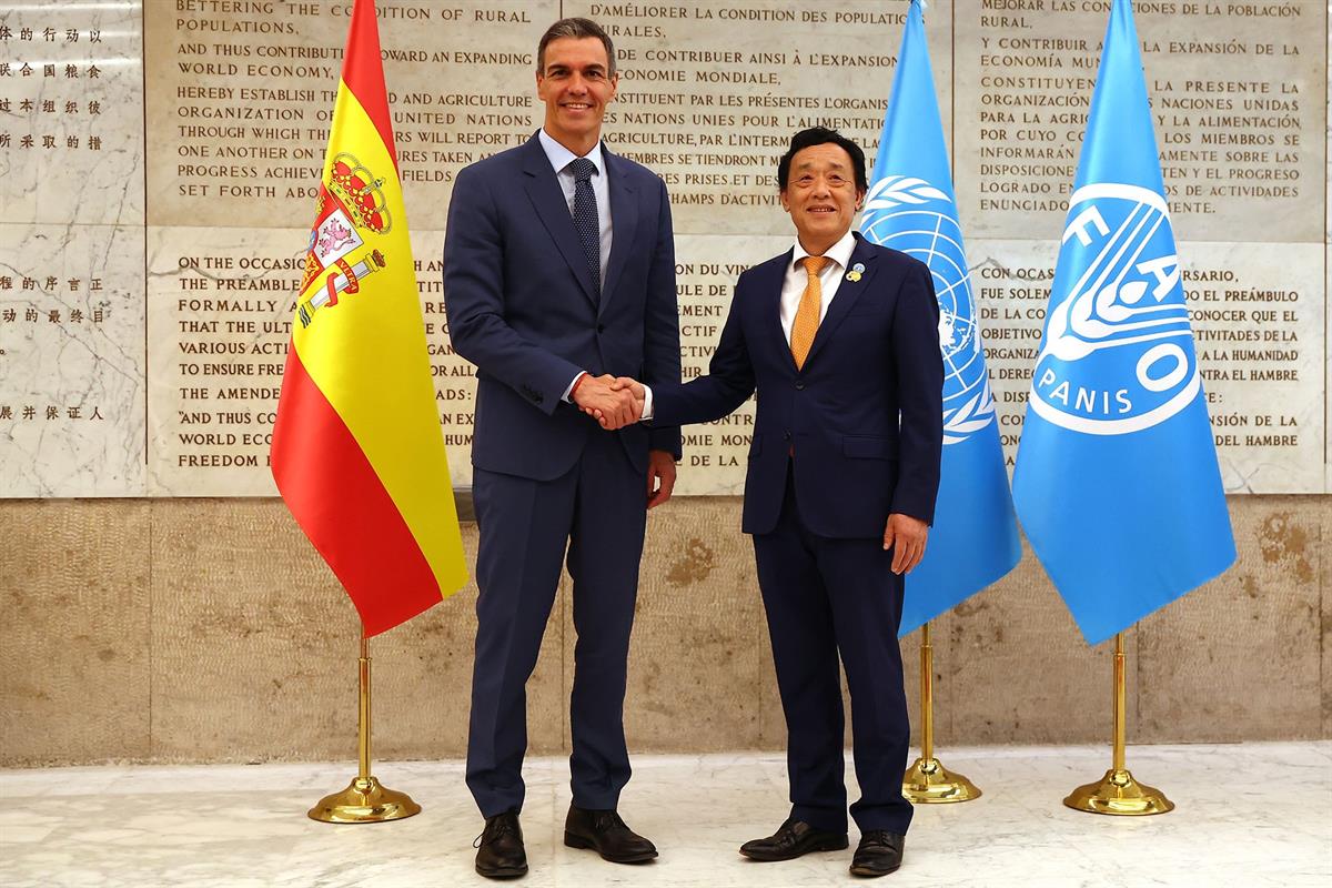 26/05/2026. Pedro Sánchez participa en las jornadas de la FAO en Roma. El presidente del Gobierno, Pedro Sánchez, saluda al director general...