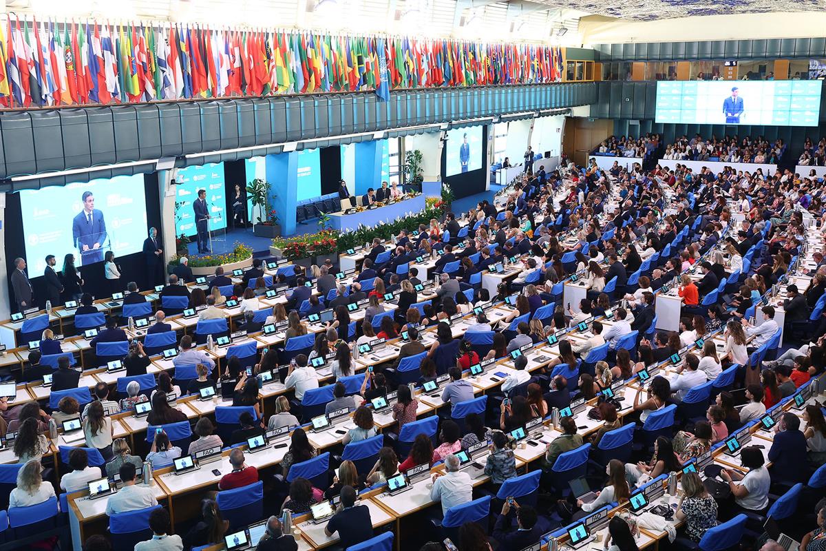 26/05/2026. Pedro Sánchez participa en las jornadas de la FAO en Roma. El presidente del Gobierno, Pedro Sánchez, durante su intervención en...