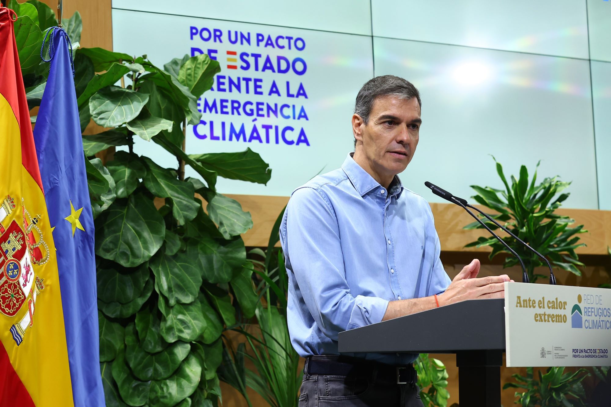 27/07/2026. Pedro Sánchez clausura la presentación de la Red de Refugios Climáticos. El presidente del Gobierno, Pedro Sánchez, durante la c...