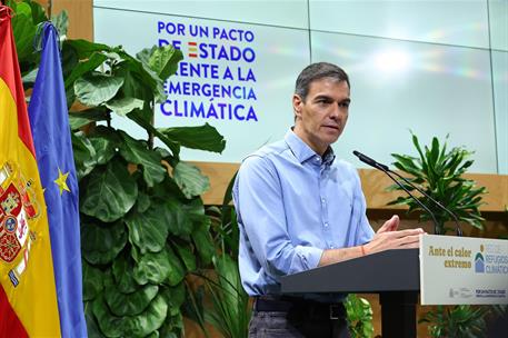 27/07/2026. Pedro Sánchez clausura la presentación de la Red de Refugios Climáticos. El presidente del Gobierno, Pedro Sánchez, durante la c...