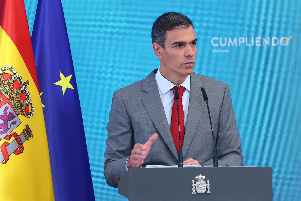 28/07/2026. Pedro Sánchez hace balance del curso político y explica los acuerdos del Consejo de Ministros. El presidente del Gobierno, Pedro...