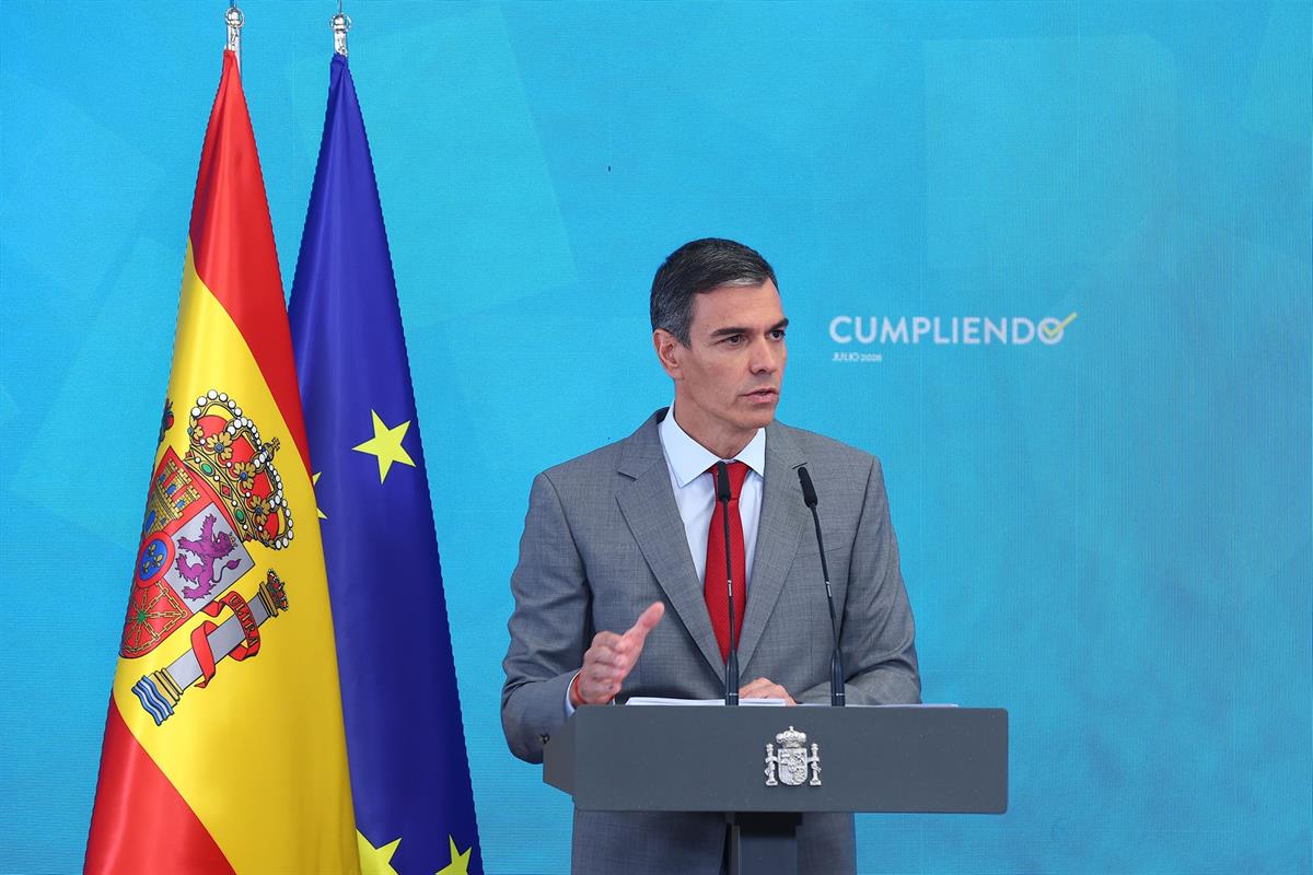 28/07/2026. Pedro Sánchez hace balance del curso político y explica los acuerdos del Consejo de Ministros. El presidente del Gobierno, Pedro...