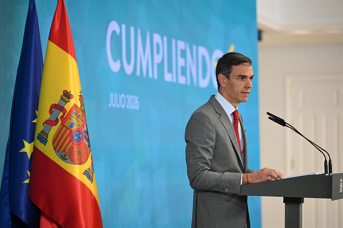 28/07/2026. Pedro Sánchez hace balance del curso político y explica los acuerdos del Consejo de Ministros. El presidente del Gobierno, Pedro...