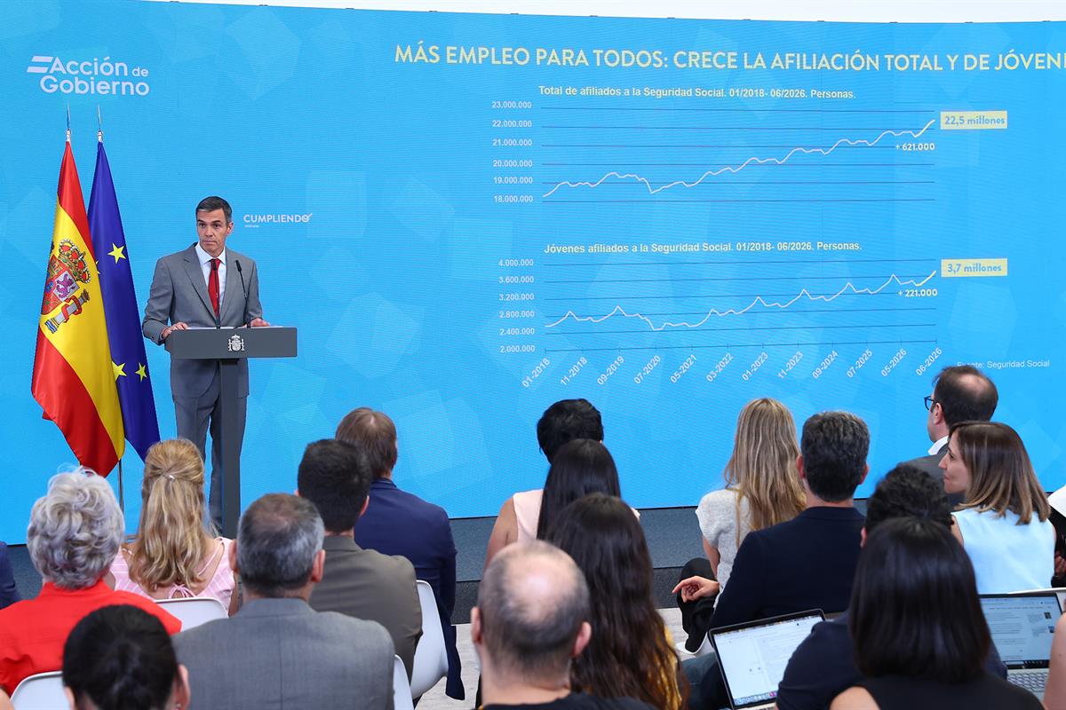 28/07/2026. Pedro Sánchez hace balance del curso político y explica los acuerdos del Consejo de Ministros. El presidente del Gobierno, Pedro...